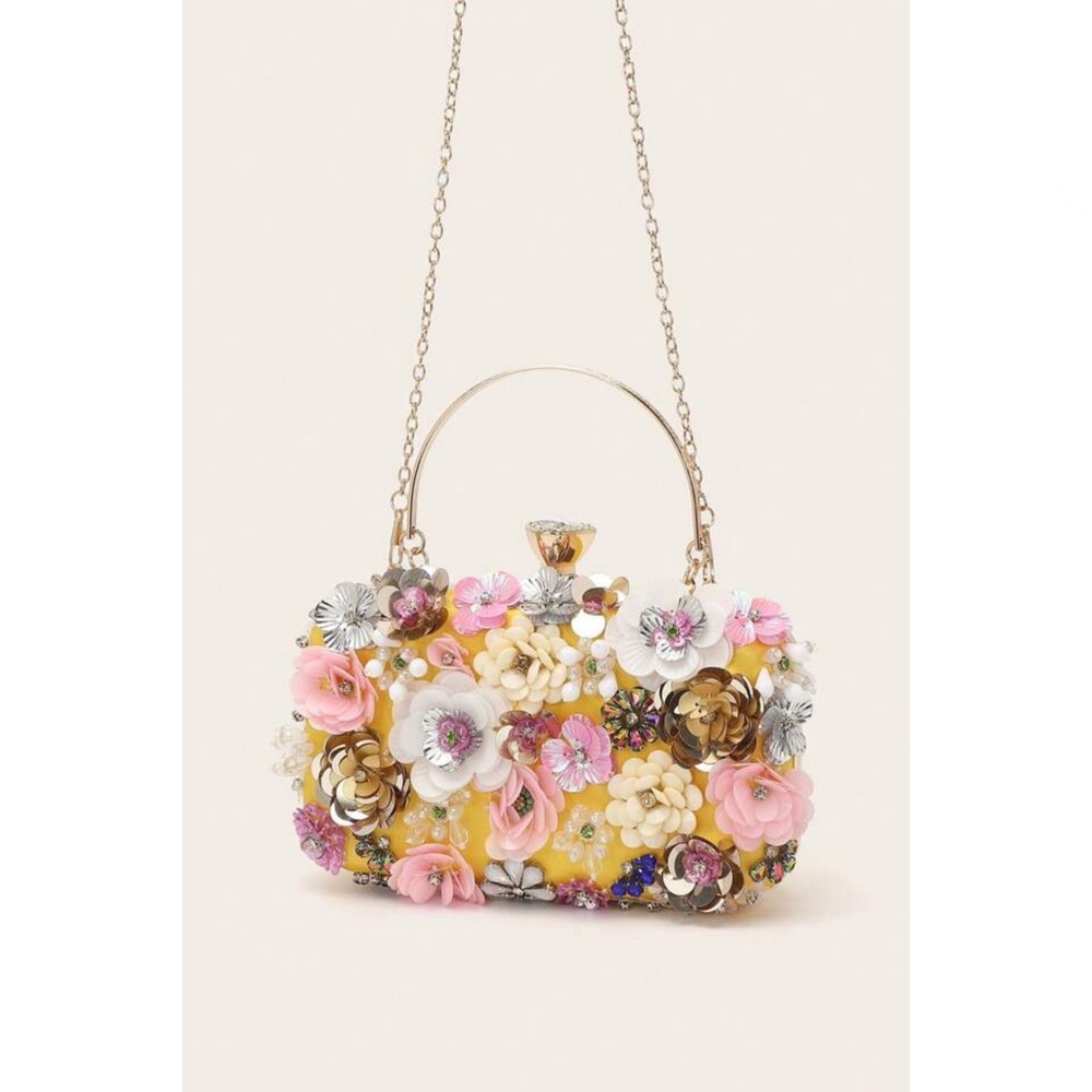 BEBE / NWT Daisy Silk Yellow Sequins Crossbody Clutch